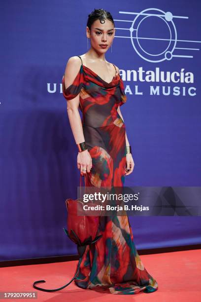 Danna Paola attends to Santalucia Universal Music Week : "El Flamenco Es Universal" photocall on November 13, 2023 in Seville, Spain.