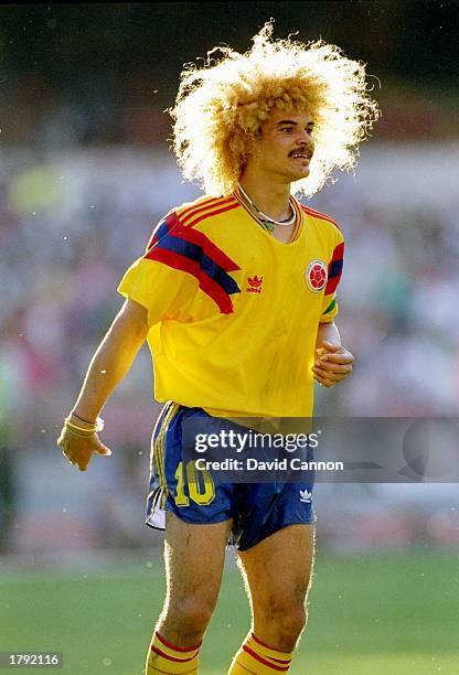 Carlos Valderrama of Colombia in action during a World Cup game against Cameroon in Italy. Cameroon won the game 2-1. Mandatory Credit: David Cannon...