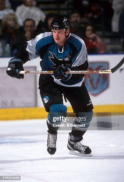 Shawn Burr of the San Jose Sharks skates on the ice during an NHL game against the Tampa Bay Lighning on February 13, 1999 at the Thunderdome in...