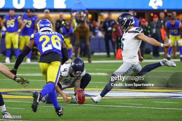 Seattle Seahawks place kicker Jason Myers misses a potential game winning kick during the Seattle Seahawks vs Los Angeles Rams game on November 19 at...