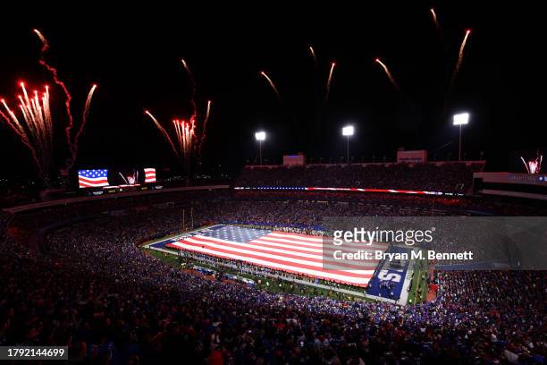 General view during the national anthem prior to a game between the Denver Broncos and Buffalo Bills at Highmark Stadium on November 13, 2023 in...