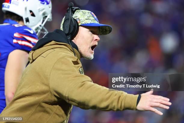 Buffalo Bills head coach Sean McDermott reacts during the first quarter of the game against the Denver Broncos at Highmark Stadium on November 13,...