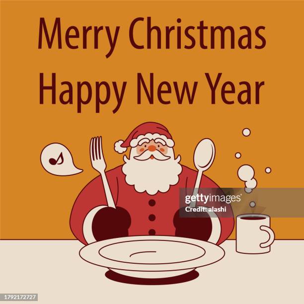 santa claus sits at the table with a spoon and fork, ready to eat, and wishes you a merry christmas and a happy new year - breakfast with view stock illustrations