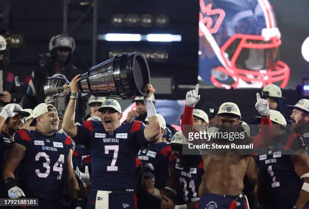 Montreal Alouettes quarterback Cody Fajardo celebrates with the Grey Cup as the Montreal Alouettes beat the Winnipeg Blue Bombers 28-24 in the 110th...