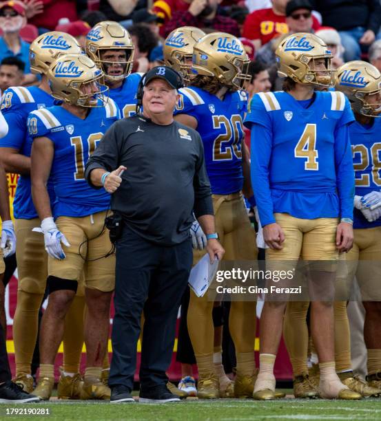 Head coach Chip Kelly on the sidelines during his team's 38-20 win over USC at the LA Memorial Coliseum on November 18, 2023 in Los Angeles,...