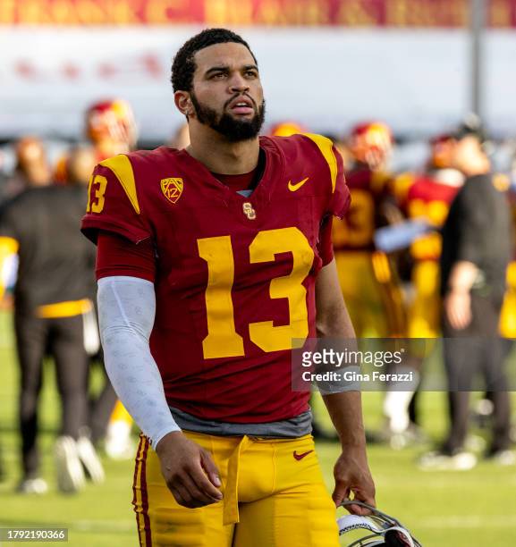 Trojans quarterback Caleb Williams paces the sidelines during the fourth quarter of the team's 38-20 loss to UCLA at the LA Memorial Coliseum on...