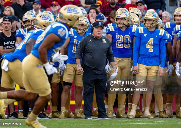 Head coach Chip Kelly on the sidelines during his team's 38-20 win over USC at the LA Memorial Coliseum on November 18, 2023 in Los Angeles,...