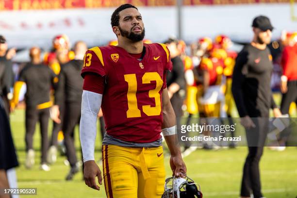 Trojans quarterback Caleb Williams paces the sidelines during the fourth quarter of the team's 38-20 loss to UCLA at the LA Memorial Coliseum on...