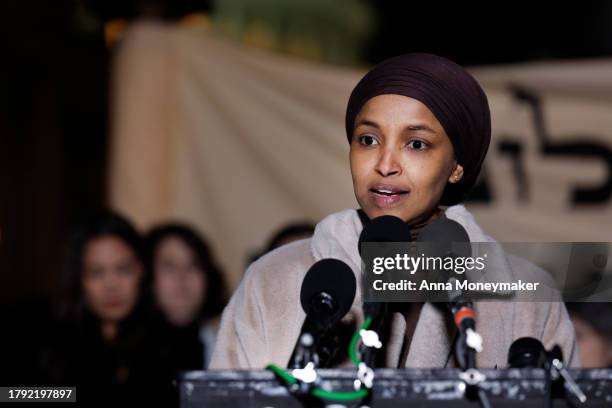 Rep. Ilhan Omar speaks during a news conference calling for a ceasefire in Gaza outside the U.S. Capitol building on November 13, 2023 in Washington,...