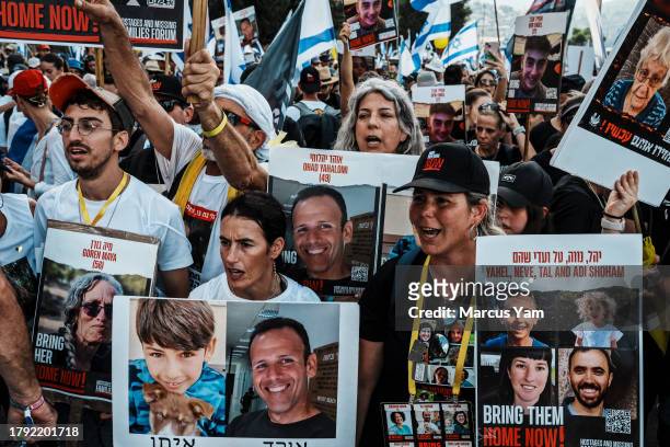 More than a thousand people march along highway 1 from Tel Aviv to Jerusalem during a four-day journey to show support for the families of the...