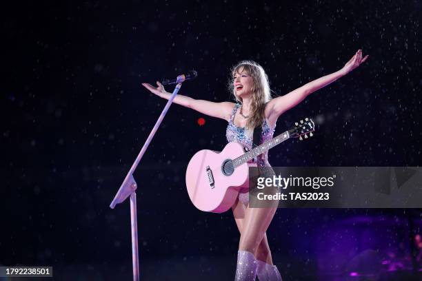 Taylor Swift performs during night two of "Taylor Swift | The Eras Tour" at Estádio Olímpico Nilton Santos on November 19, 2023 in Rio de Janeiro,...