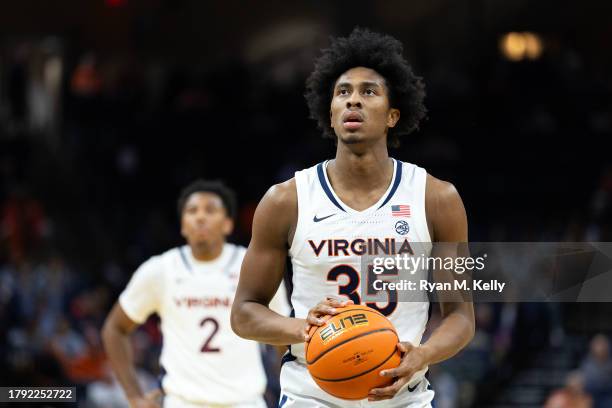 Leon Bond III of the Virginia Cavaliers shoots a free throw in the first half during a game against the Tarleton State Texans at John Paul Jones...