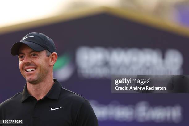 Rory McIlroy of Northern Ireland smiles on the first tee during the Pro-Am prior to the DP World Tour Championship on the Earth Course at Jumeirah...