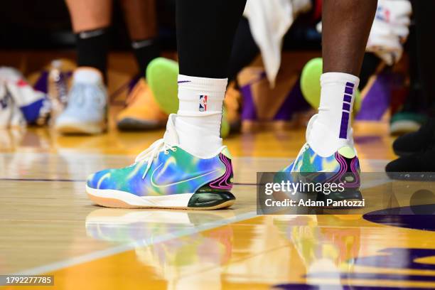 The sneakers worn by LeBron James of the Los Angeles Lakers during the game against the Houston Rockets on November 19, 2023 at Crypto.Com Arena in...