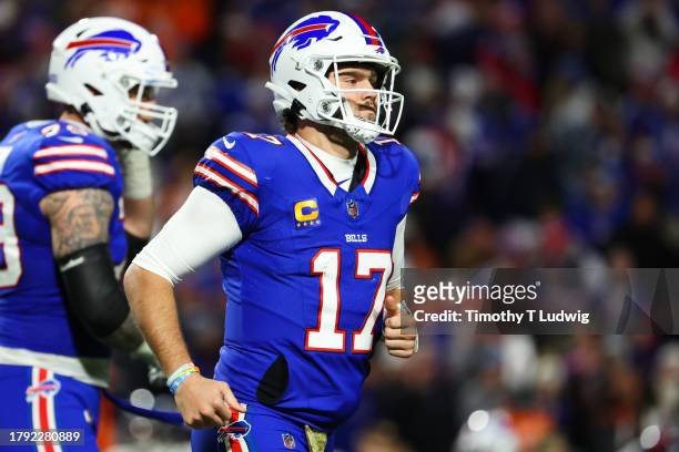 Josh Allen of the Buffalo Bills reacts after throwing an interception against the Denver Broncos during the second quarter of the game at Highmark...