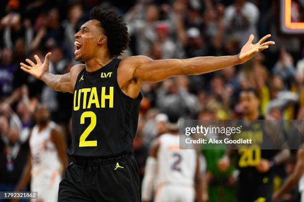 Collin Sexton of the Utah Jazz celebrates a shot in overtime of a game against the Phoenix Suns at Delta Center on November 19, 2023 in Salt Lake...