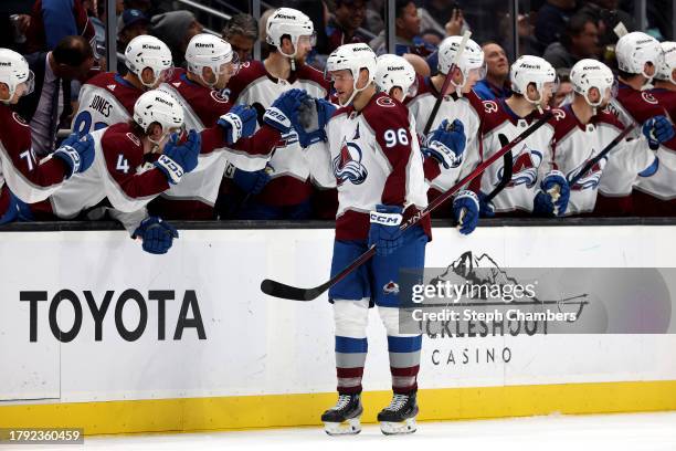 Mikko Rantanen of the Colorado Avalanche celebrates his goal against the Seattle Kraken during the second period at Climate Pledge Arena on November...