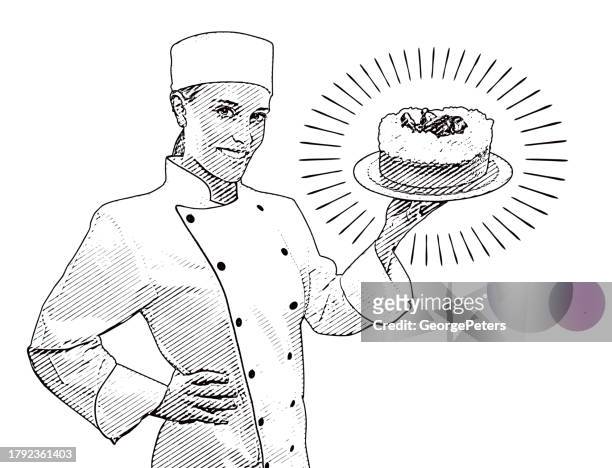 female confectioner preparing cake - 30 year old pretty woman stock illustrations