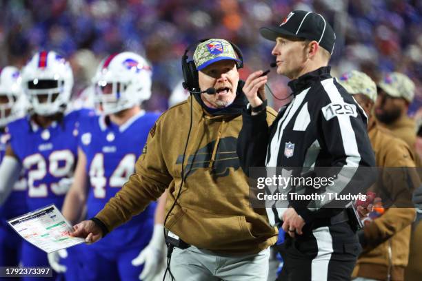 Head coach Sean McDermott of the Buffalo Bills reacts during the fourth quarter of the game against the Denver Broncos at Highmark Stadium on...