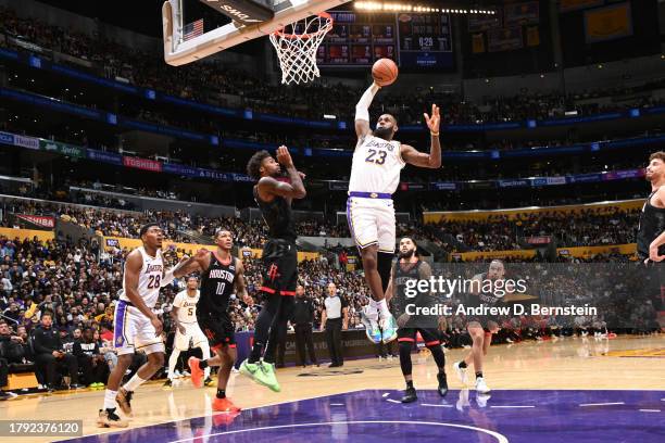 LeBron James of the Los Angeles Lakers dunks the ball during the game against the Houston Rockets on November 19, 2023 at Crypto.Com Arena in Los...