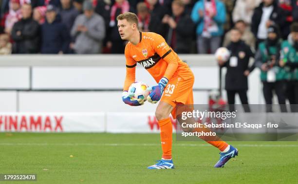 Goalkeeper Alexander Nübel of VfB Stuttgart plays the ball during the Bundesliga match between VfB Stuttgart and Borussia Dortmund at MHPArena on...