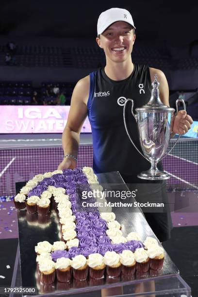 Iga Swiatek of Poland poses after receiving cupcakes celebrating her regaining the WTA singles ranking after defeating Jessica Pegula of the United...