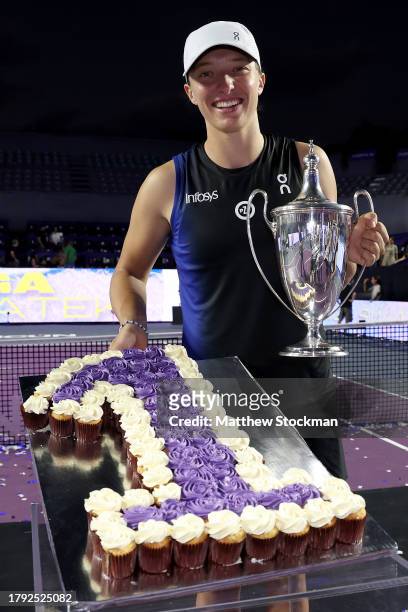 Iga Swiatek of Poland poses after receiving cupcakes celebrating her regaining the WTA singles ranking after defeating Jessica Pegula of the United...
