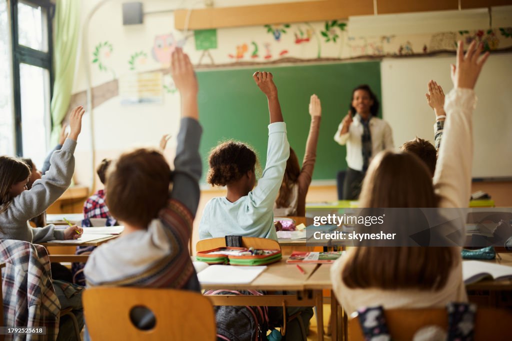 People Rasing Their Hand For Questions Back View Of Students Raising Their Hands To Answer The Teachers ...