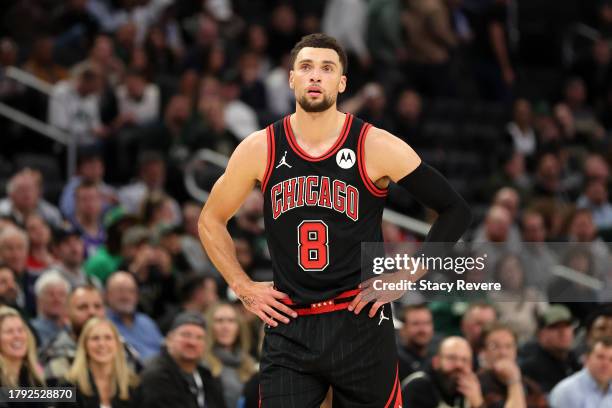 Zach LaVine of the Chicago Bulls waits for a free throw during a game against the Milwaukee Bucks at Fiserv Forum on November 13, 2023 in Milwaukee,...