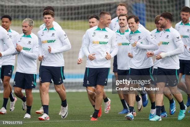 Players warm up during a Socceroos training session at Lakeside Stadium on November 14, 2023 in Melbourne, Australia.