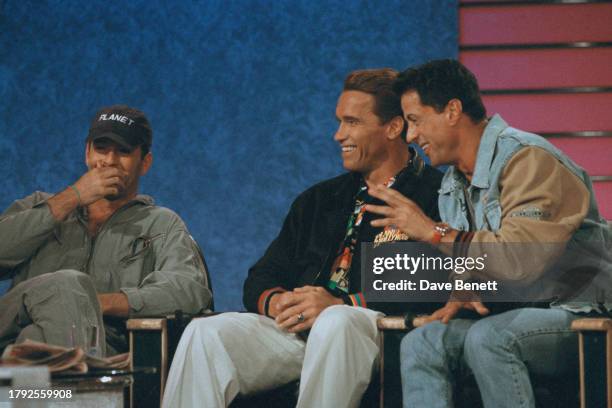 Actors and Planet Hollywood investors/promoters: Bruce Willis, Arnold Schwarzenegger, Sylvester Stallone, London, 16th May 1993.