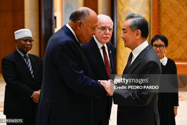 China's Foreign Minister Wang Yi shakes hands with Egypt's Foreign Minister Sameh Shoukry before a family photo for the attendees of a meeting of...