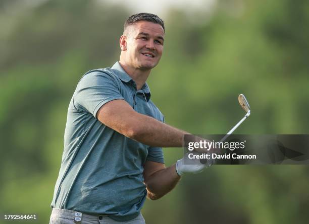 Johnny Sexton of Ireland the former Rugby Union International plays a shot during the pro-am as a preview for the DP World Tour Championship on the...