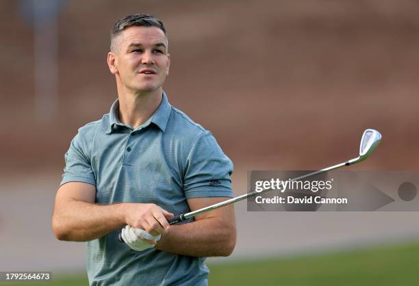Johnny Sexton of Ireland the former Rugby Union International plays a shot during the pro-am as a preview for the DP World Tour Championship on the...