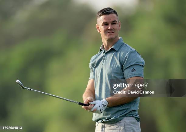 Johnny Sexton of Ireland the former Rugby Union International plays a shot during the pro-am as a preview for the DP World Tour Championship on the...