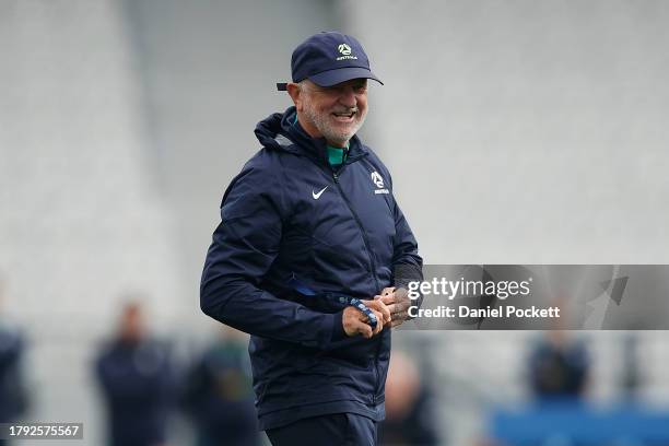 Socceroos head coach Graham Arnold reacts during a Socceroos training session at Lakeside Stadium on November 14, 2023 in Melbourne, Australia.