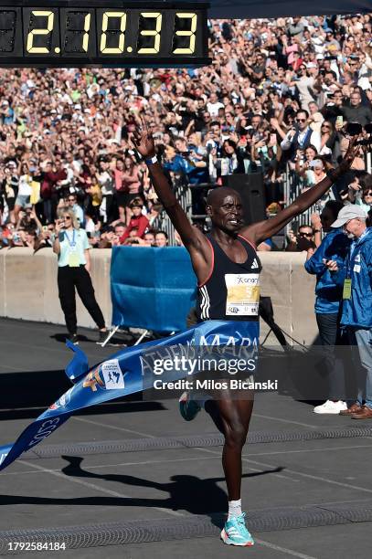 Edwin Kiptoo crosses the finish line to win the 2023 Athens Marathon - The Authentic in 02:10:34 on November 12, 2023 in Athens, Greece. The Athens...