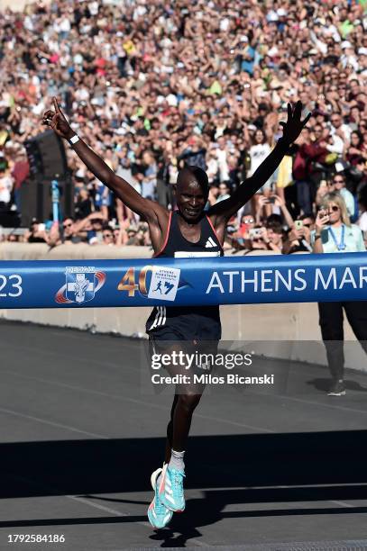 Edwin Kiptoo crosses the finish line to win the 2023 Athens Marathon - The Authentic in 02:10:34 on November 12, 2023 in Athens, Greece. The Athens...