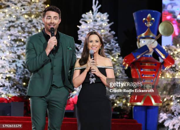 Jonathan Bennett and Lacey Chabert speak onstage at the 22nd annual “Christmas at The Grove” Tree Lighting Celebration on November 13, 2023 in Los...