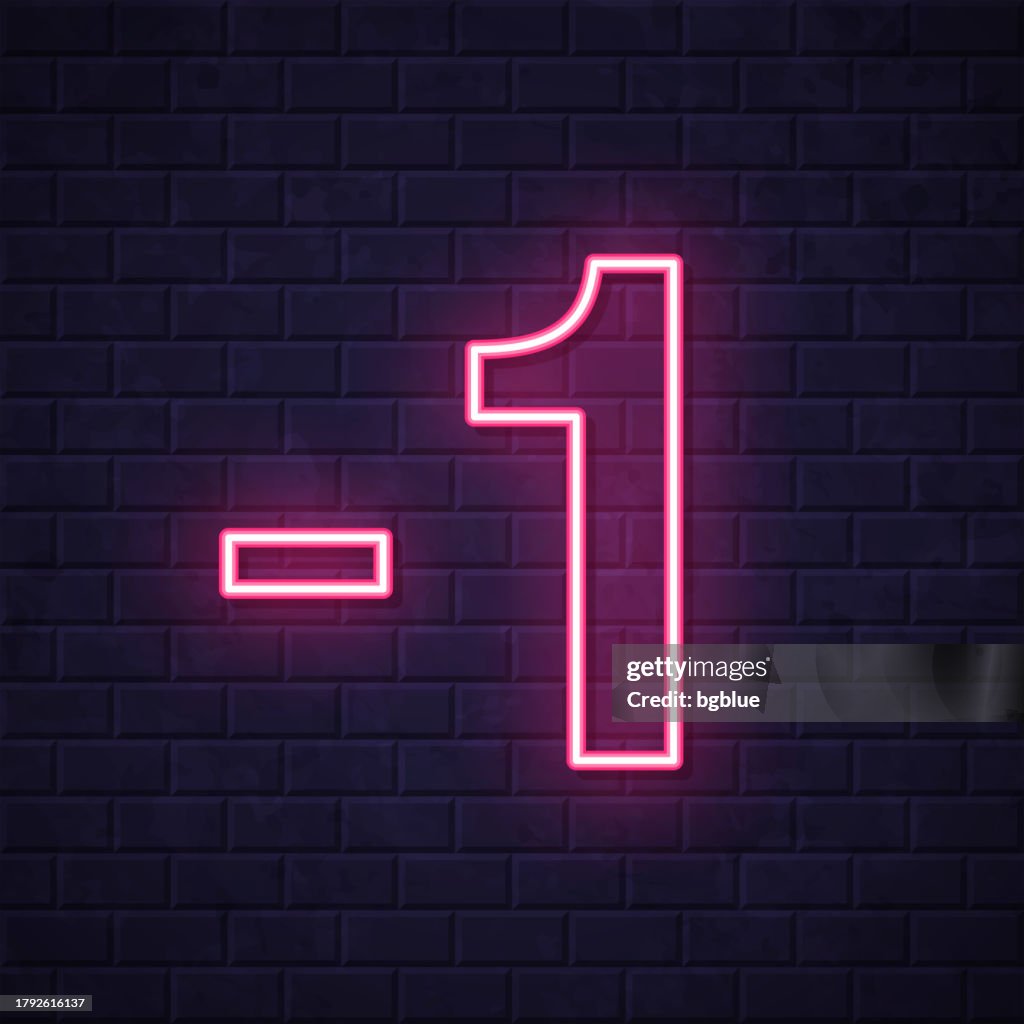 -1, Minus one. Glowing neon icon on brick wall background