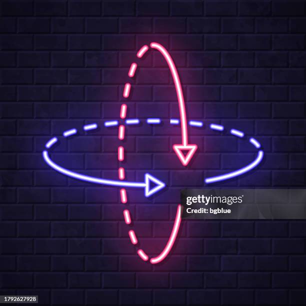 360 degree rotation arrows. glowing neon icon on brick wall background - wall angle stock illustrations