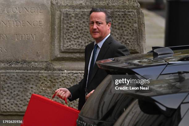 Britain's new Foreign Secretary, former Prime Minister David Cameron arrives at Downing Street ahead of the Cabinet Meeting on November 14, 2023 in...