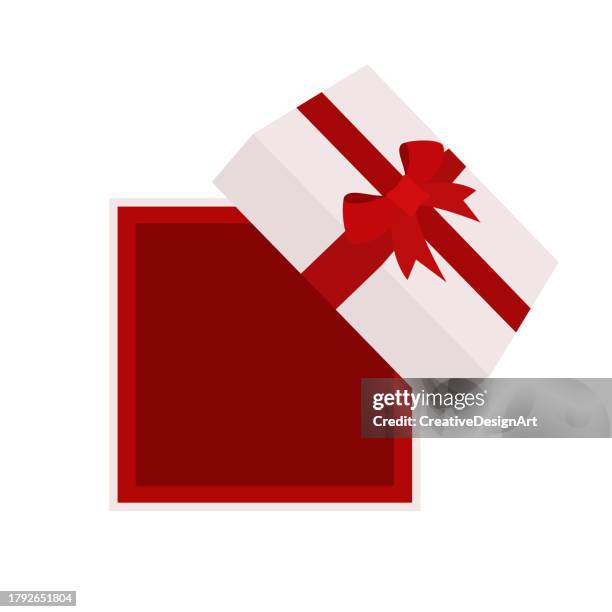 illustrazioni stock, clip art, cartoni animati e icone di tendenza di vista ad alto angolo della confezione regalo aperta bianca con fiocco e nastro rossi - confezione regalo