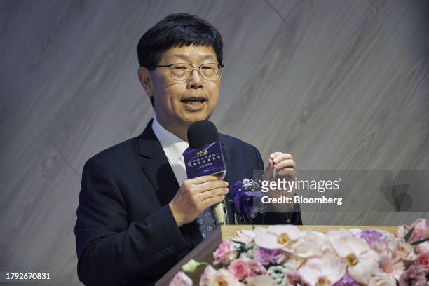 Young Liu, chairman of Hon Hai Precision Industry Co., speaks during the listing ceremony Foxtron Vehicle Technologies Co., at the Taiwan Stock...
