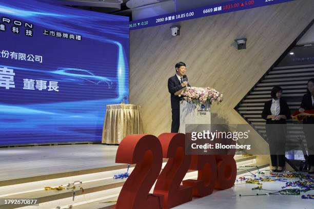 Young Liu, chairman of Hon Hai Precision Industry Co., speaks during the listing ceremony of Foxtron Vehicle Technologies Co., at the Taiwan Stock...