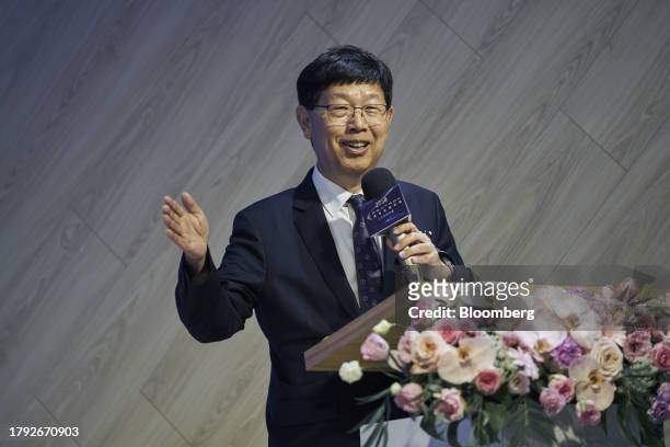 Young Liu, chairman of Hon Hai Precision Industry Co., speaks during the listing ceremony of Foxtron Vehicle Technologies Co., at the Taiwan Stock...