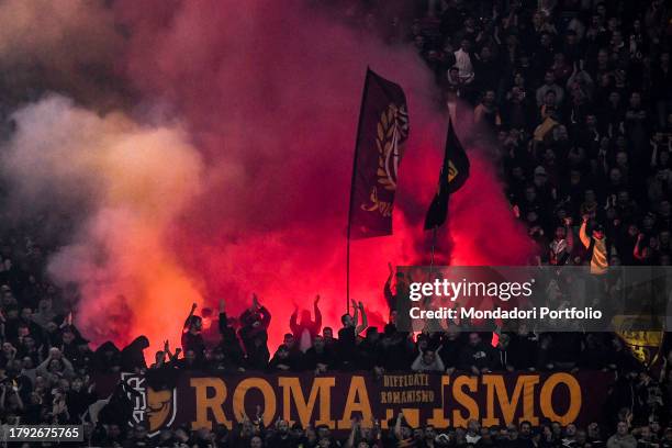 Supporters of AS Roma during the Serie A football match between SS Lazio and AS Roma at Olimpico stadium. Rome , November 12nd, 2023