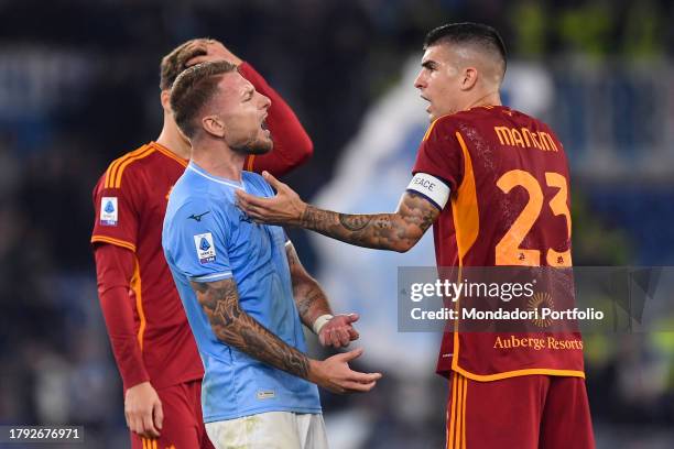 Ciro Immobile of SS Lazio and Gianluca Mancini of AS Roma during the Serie A football match between SS Lazio and AS Roma at Olimpico stadium. Rome ,...