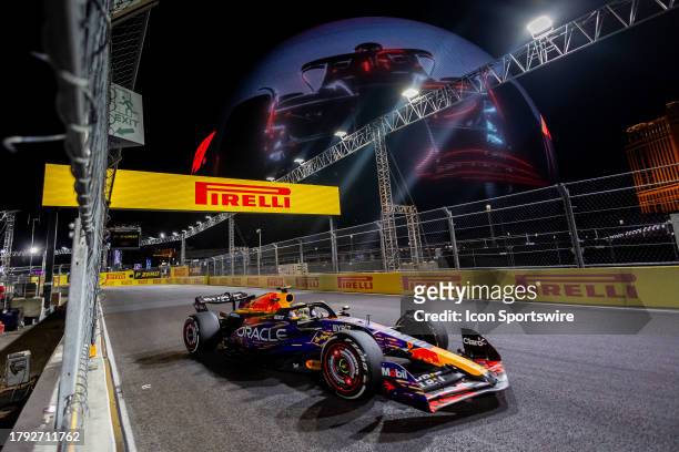 Red Bull Racing driver Max Verstappen of the Netherlands drives past the Sphere during the F1 Las Vegas Grand Prix on Saturday, November 18, 2023 on...