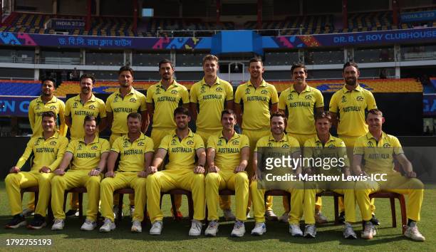 Australia pose for a team photograph during a training session during the ICC Men's Cricket World Cup India 2023 at Eden Gardens on November 14, 2023...